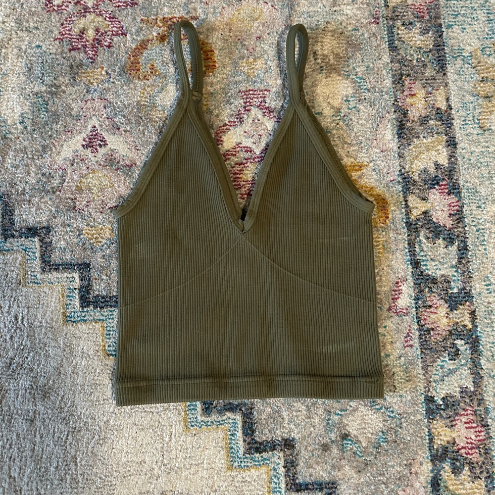 Free People Army Green Ribbed V Neck Cropped Tank